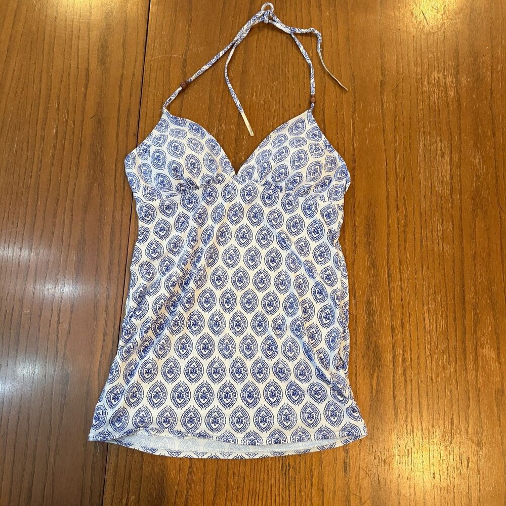 A Pea in the Pod Maternity Tankini Top Size L Blue White Halter Swim Top